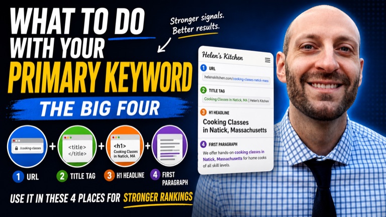 The big four places to use your primary keyword: URL, title tag, H1 headline, and first paragraph